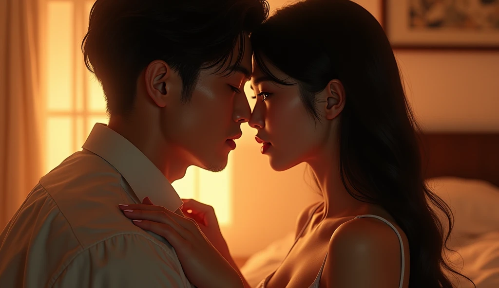 女性用風俗セラピストと女風ユーザーが寄り添って、女風ユーザーがうっとりしている画像