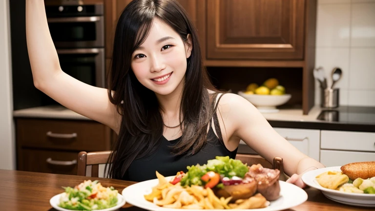 たくさんの料理を目のまえに喜んでいる様子の女風ユーザーの画像