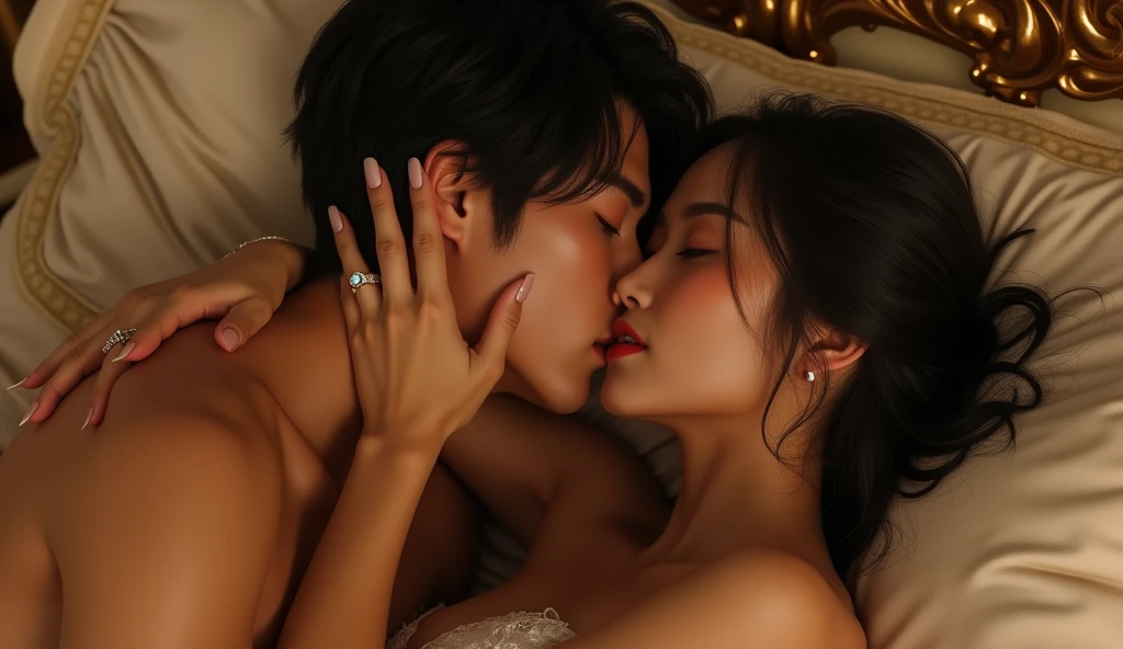 ベッドの上でキスをしている女性用風俗セラピストと女風ユーザーの画像