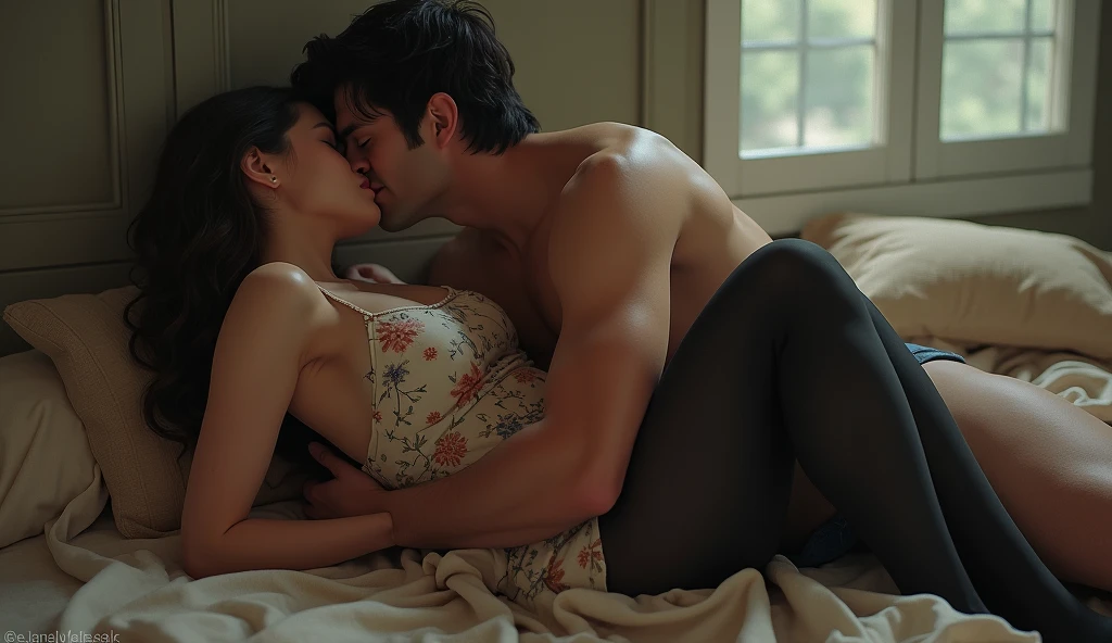 ベッドで服を着たままキスをする女性用風俗セラピストと女風ユーザーの画像